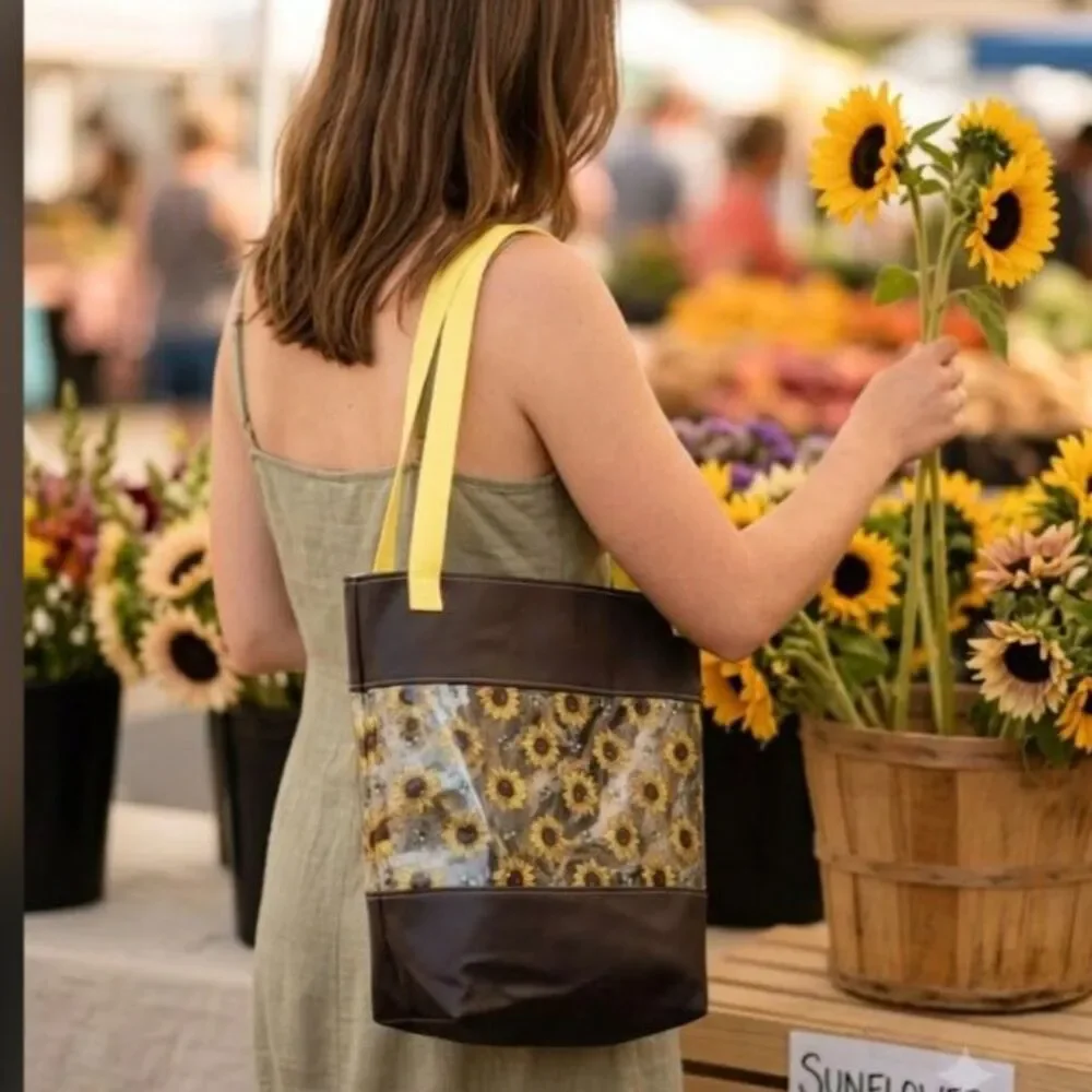 Sunflower and Bee Clear-Panel Tote Bag - Summer Market & Beach Organizer